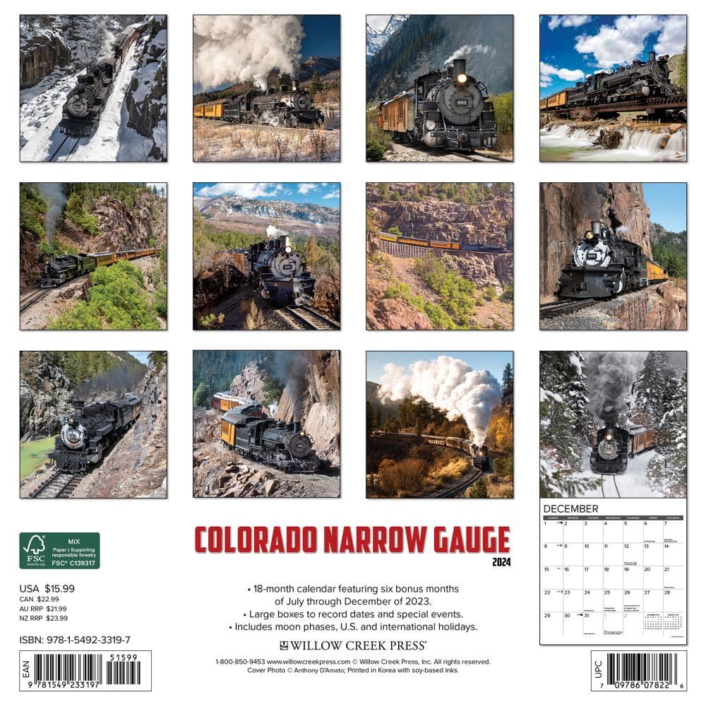 Colorado Narrow Gauge Railroads 2024 Wall Calendar Back of Calendar width=&quot;1000&quot; height=&quot;1000&quot;
