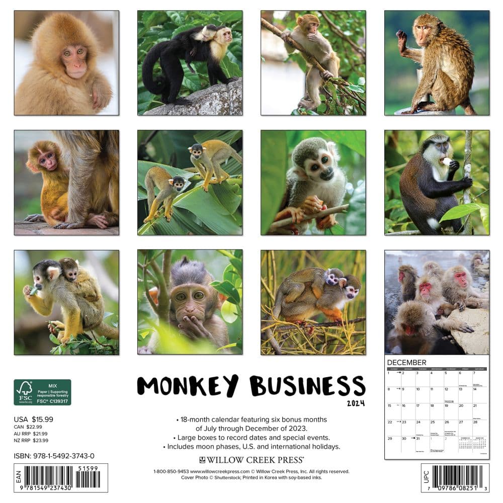 Monkey Business 2024 Wall Calendar Back of Calendar width=&quot;1000&quot; height=&quot;1000&quot;