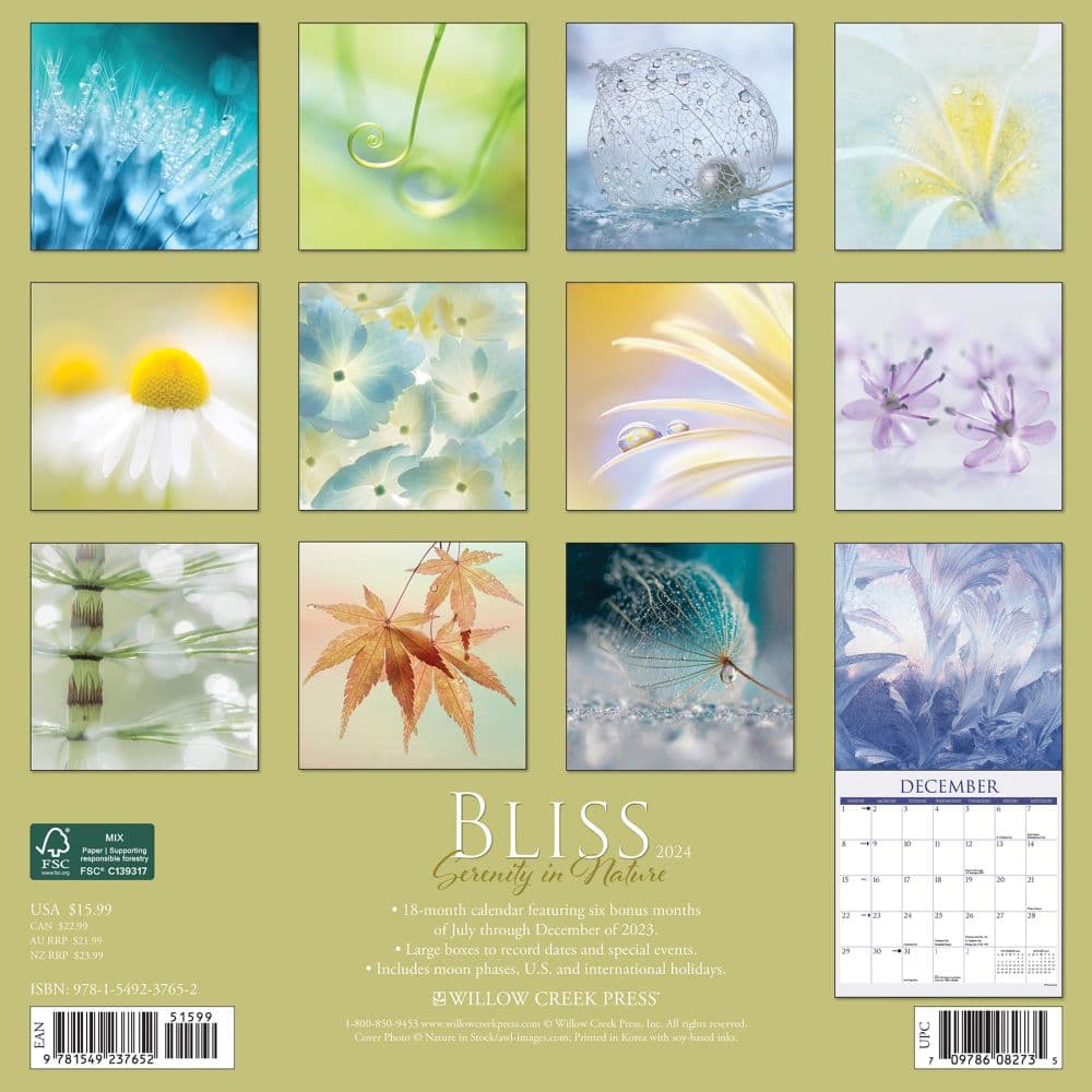 Bliss Serenity In Nature 2024 Wall Calendar Back of Calendar width=&quot;1000&quot; height=&quot;1000&quot;