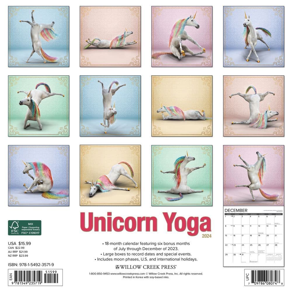 Unicorn Yoga 2024 Wall Calendar Back of Calendar width=&quot;1000&quot; height=&quot;1000&quot;
