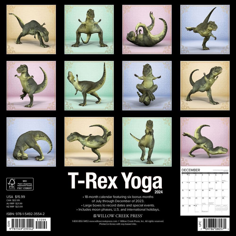 T-Rex Yoga 2024 Wall Calendar Back of Calendar width=&quot;1000&quot; height=&quot;1000&quot;