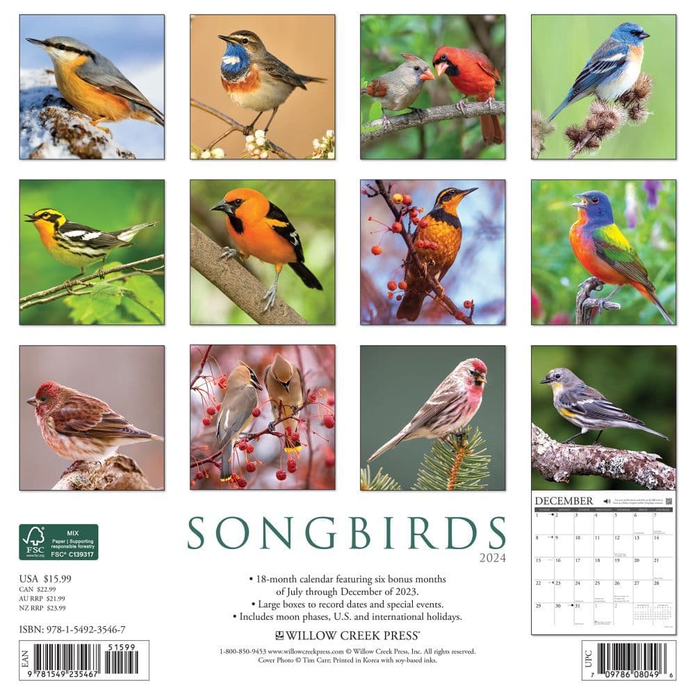 Songbirds 2024 Wall Calendar Back of Calendar width=&quot;1000&quot; height=&quot;1000&quot;