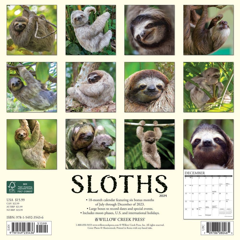 Sloths 2024 Wall Calendar Back of Calendar width=&quot;1000&quot; height=&quot;1000&quot;
