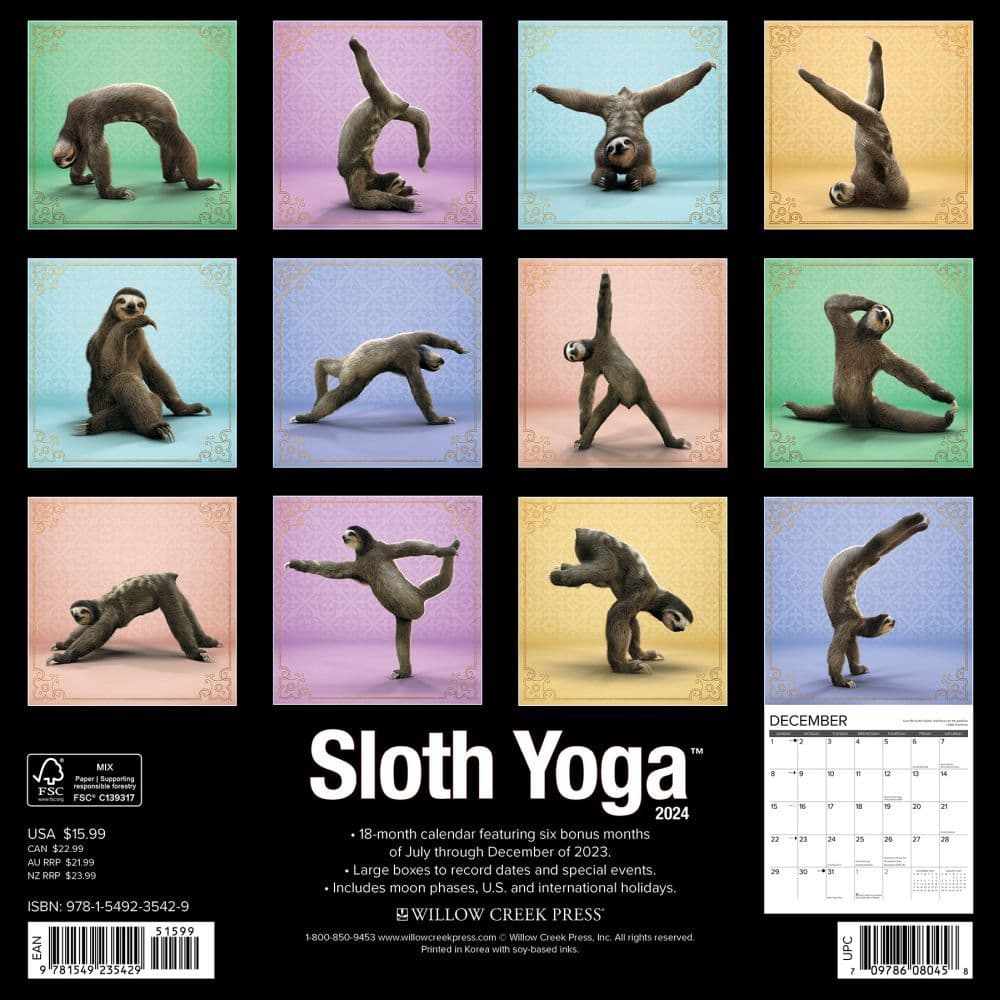 Sloth Yoga 2024 Wall Calendar Back of Calendar width=&quot;1000&quot; height=&quot;1000&quot;