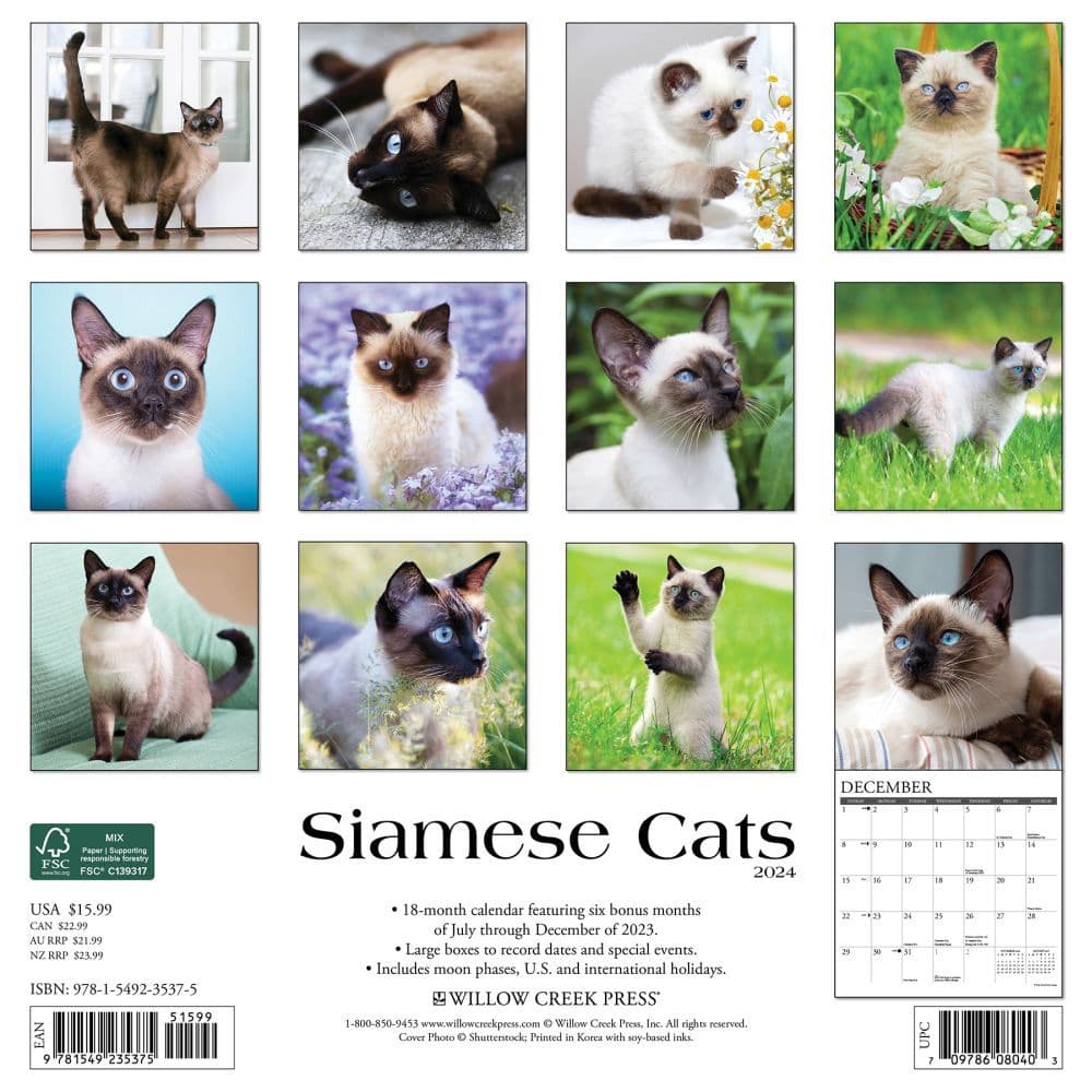 Cats Siamese 2024 Wall Calendar Back of Calendar width=&quot;1000&quot; height=&quot;1000&quot;