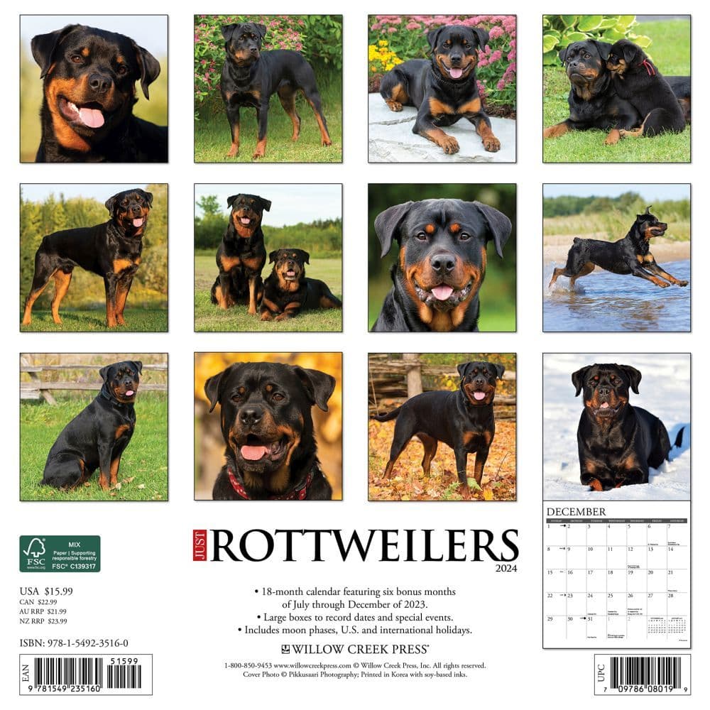 Just Rottweilers 2024 Wall Calendar Back of Calendar width=&quot;1000&quot; height=&quot;1000&quot;