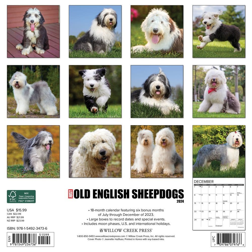 Just Old English Sheepdogs 2024 Wall Calendar Back of Calendar width=&quot;1000&quot; height=&quot;1000&quot;