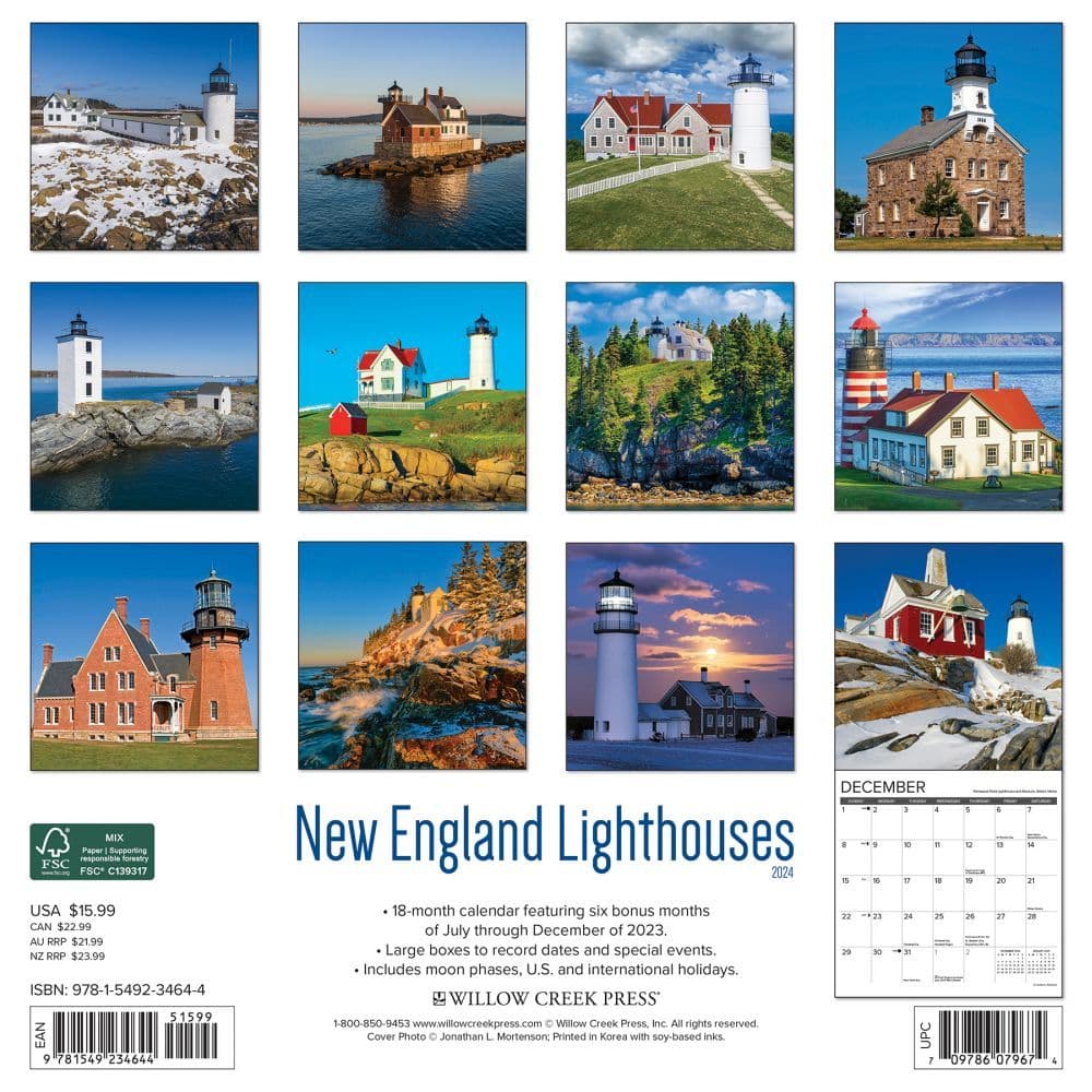 New England Lighthouses 2024 Wall Calendar Back of Calendar width=&quot;1000&quot; height=&quot;1000&quot;