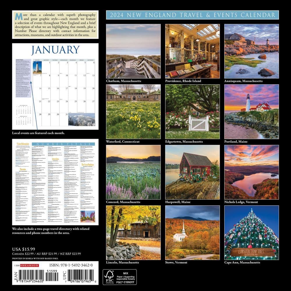 New England Travel &amp; Events 2024 Wall Calendar Back of Calendar width=&quot;1000&quot; height=&quot;1000&quot;