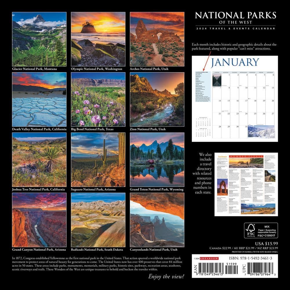 Natl Parks West Travel &amp; Events 2024 Wall Calendar Back of Calendar width=&quot;1000&quot; height=&quot;1000&quot;