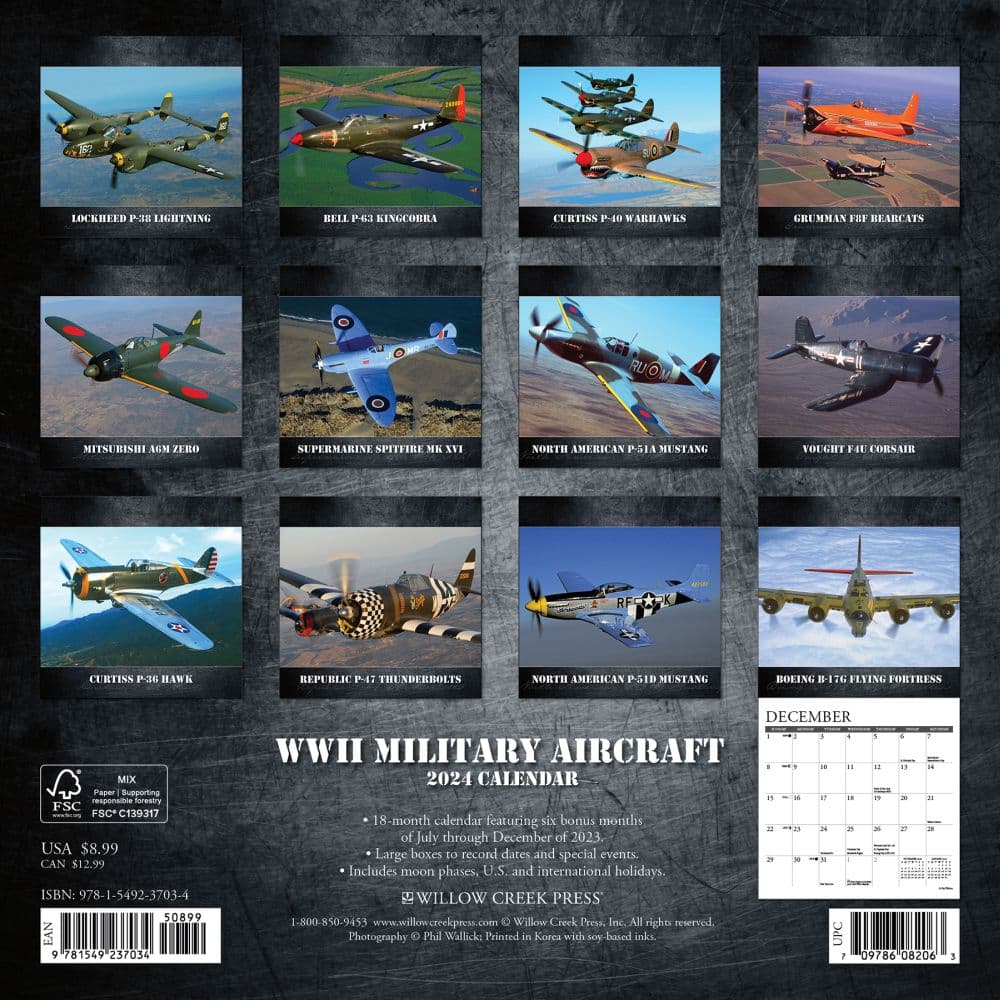 WWII Military Aircraft 2024 Mini Wall Calendar Back of Calendar width=&quot;1000&quot; height=&quot;1000&quot;