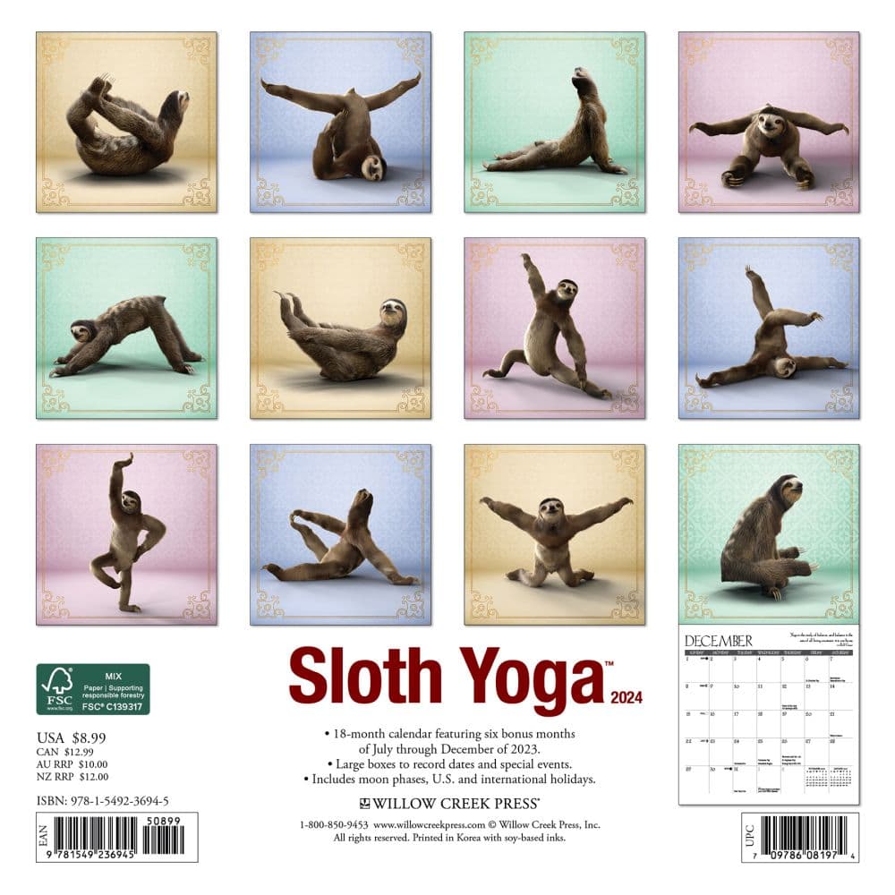 Sloth Yoga 2024 Mini Wall Calendar Back of Calendar width=&quot;1000&quot; height=&quot;1000&quot;