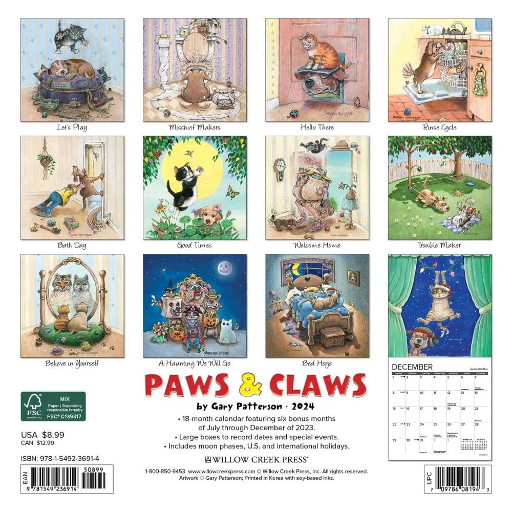 Paws and Claws Patterson 2024 Mini Wall Calendar Back of Calendar width=&quot;1000&quot; height=&quot;1000&quot;