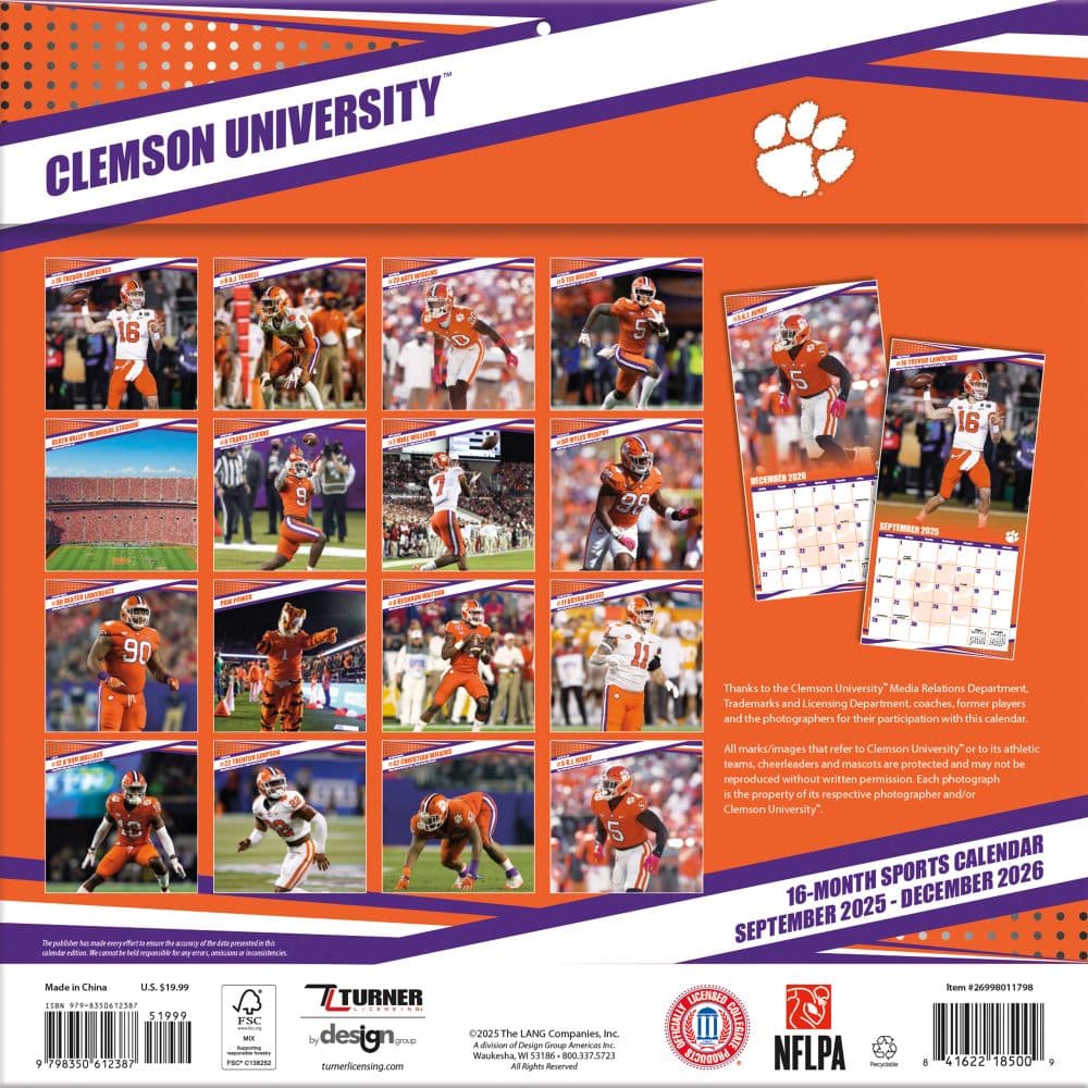 NCAA Clemson Tigers 2026 Wall Calendar, 12'' X 12'', 16-Month Calendar with Stapled Binding