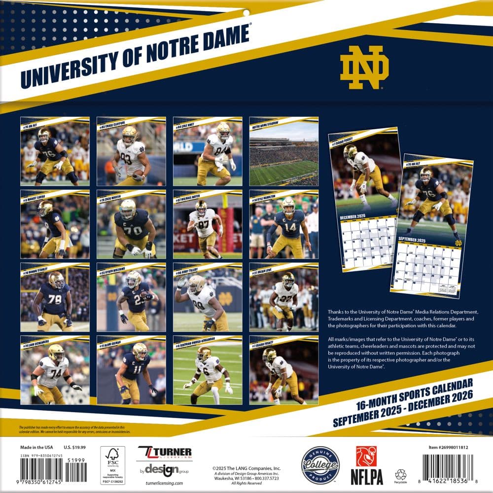 NCAA Notre Dame Fighting Irish 2026 Wall Calendar First Alternate Image