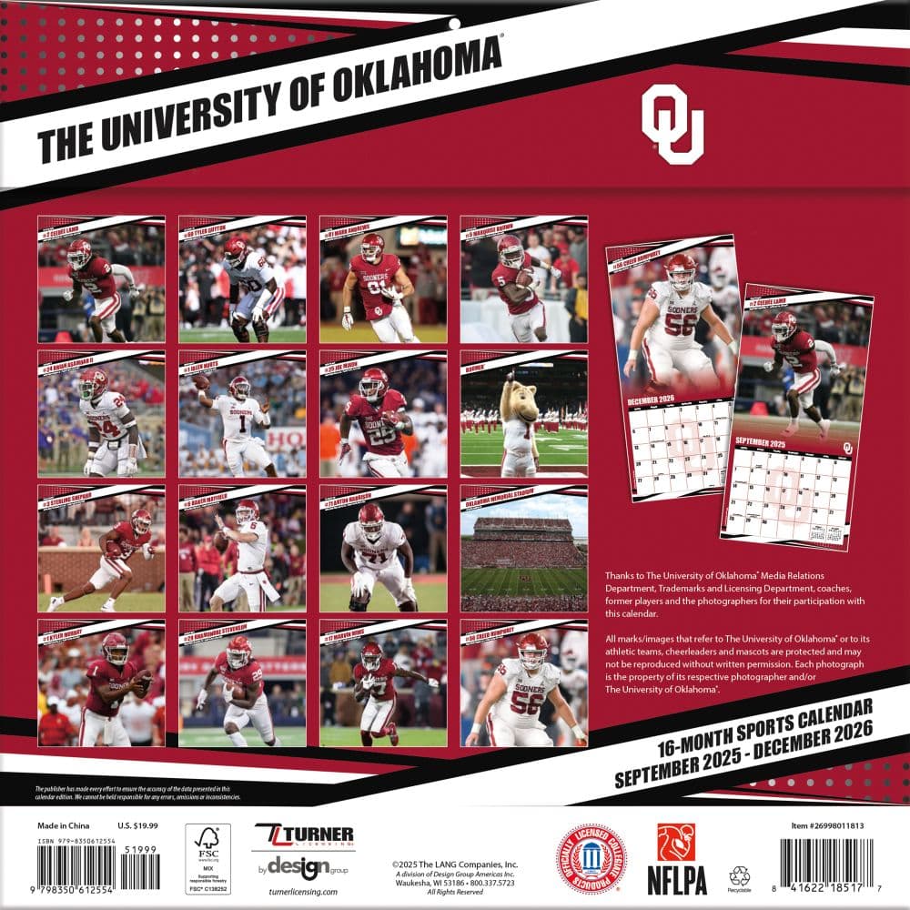 NCAA Oklahoma Sooners 2026 Wall Calendar First Alternate Image
