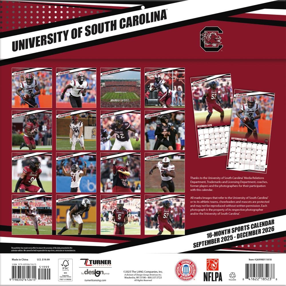 NCAA South Carolina Gamecocks 2026 Wall Calendar First Alternate Image