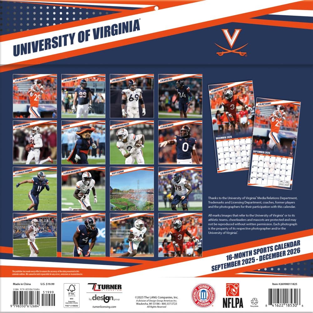 NCAA Virginia Cavaliers 2026 Wall Calendar First Alternate Image