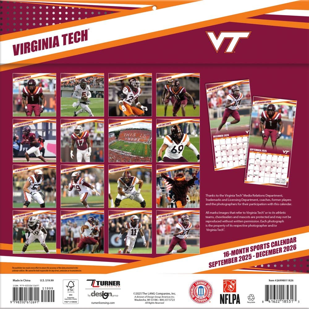 NCAA Virginia Tech Hokies 2026 Wall Calendar First Alternate Image