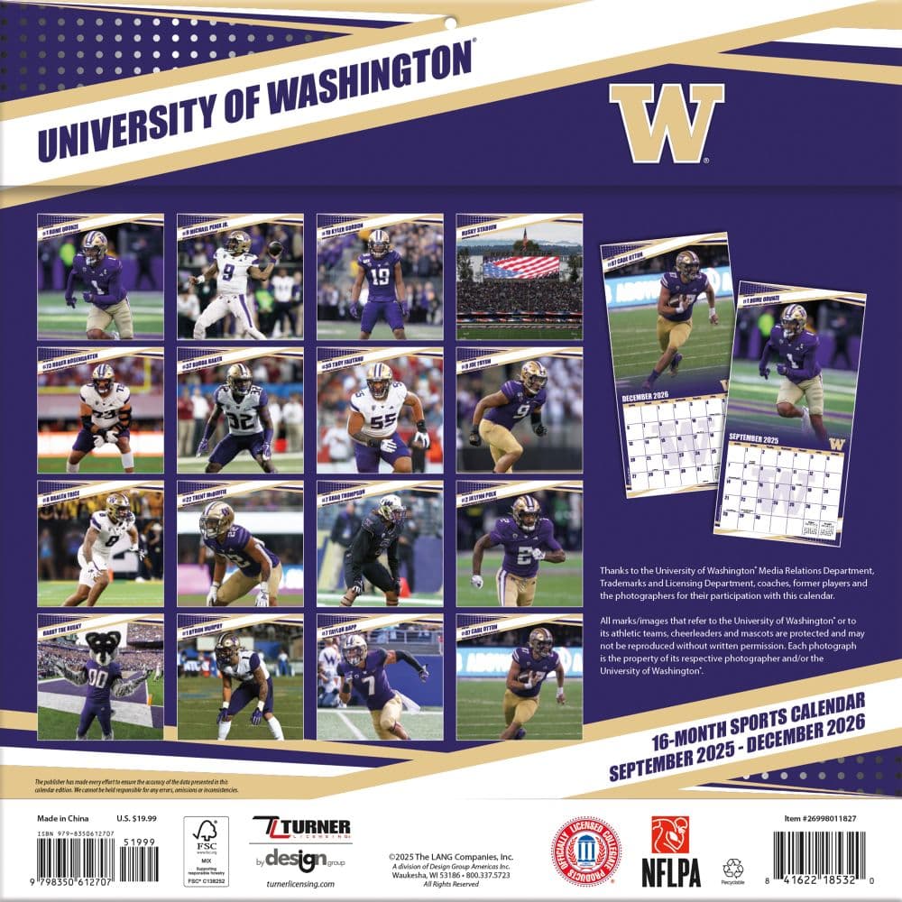 NCAA Washington Huskies 2026 Wall Calendar First Alternate Image