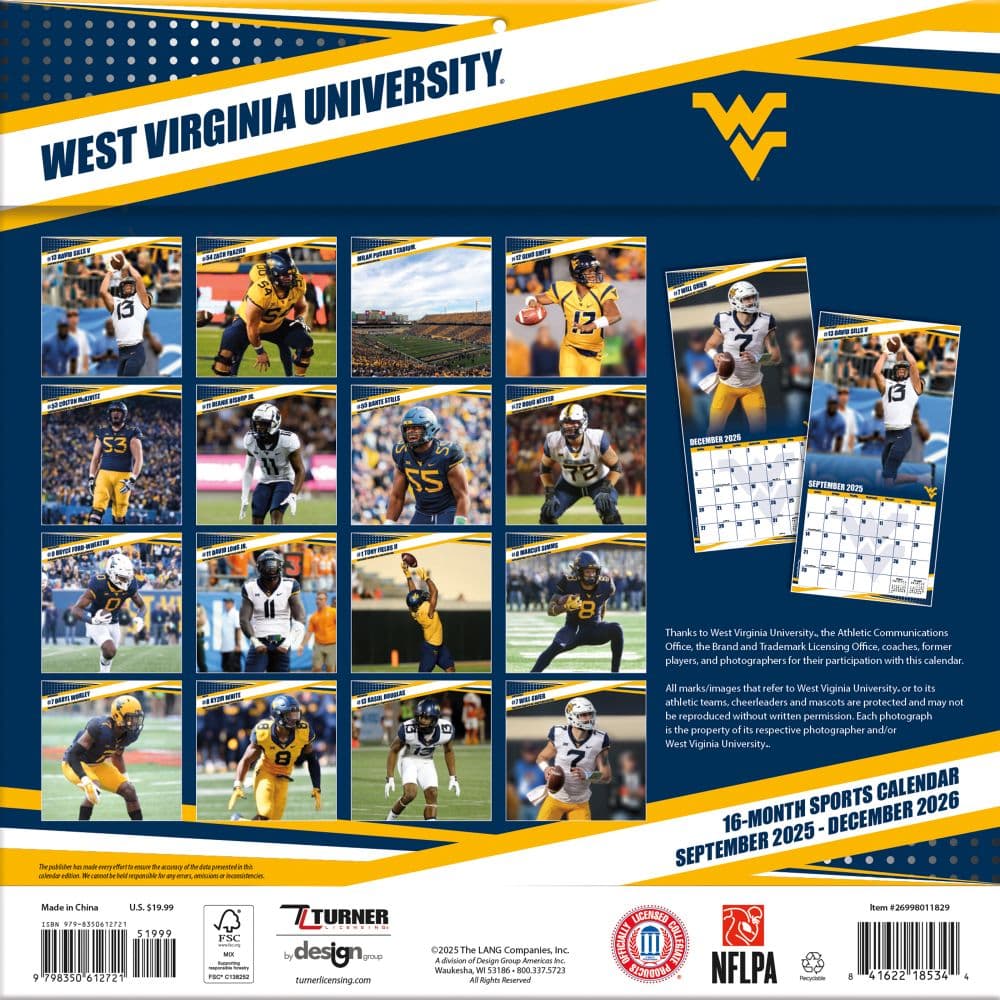 NCAA West Virginia Mountaineers 2026 Wall Calendar First Alternate Image