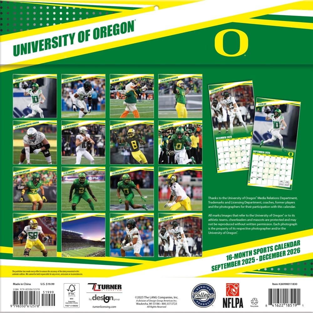 NCAA Oregon Ducks 2026 Wall Calendar First Alternate Image