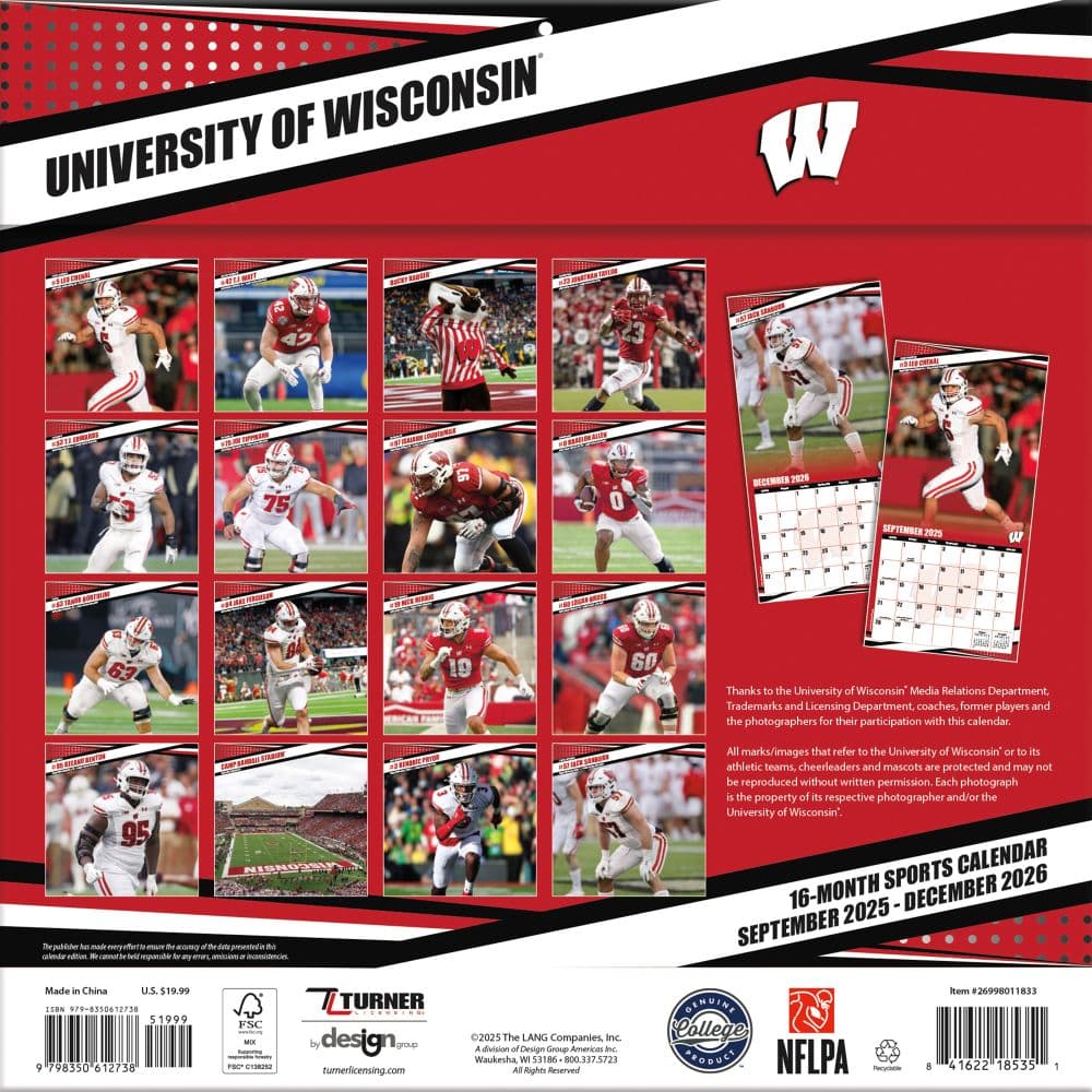 NCAA Wisconsin Badgers 2026 Wall Calendar First Alternate Image