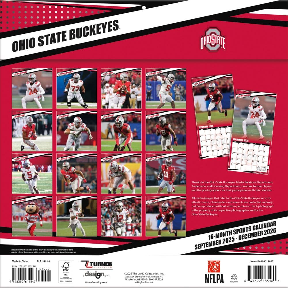 NCAA Ohio State Buckeyes 2026 Wall Calendar First Alternate Image