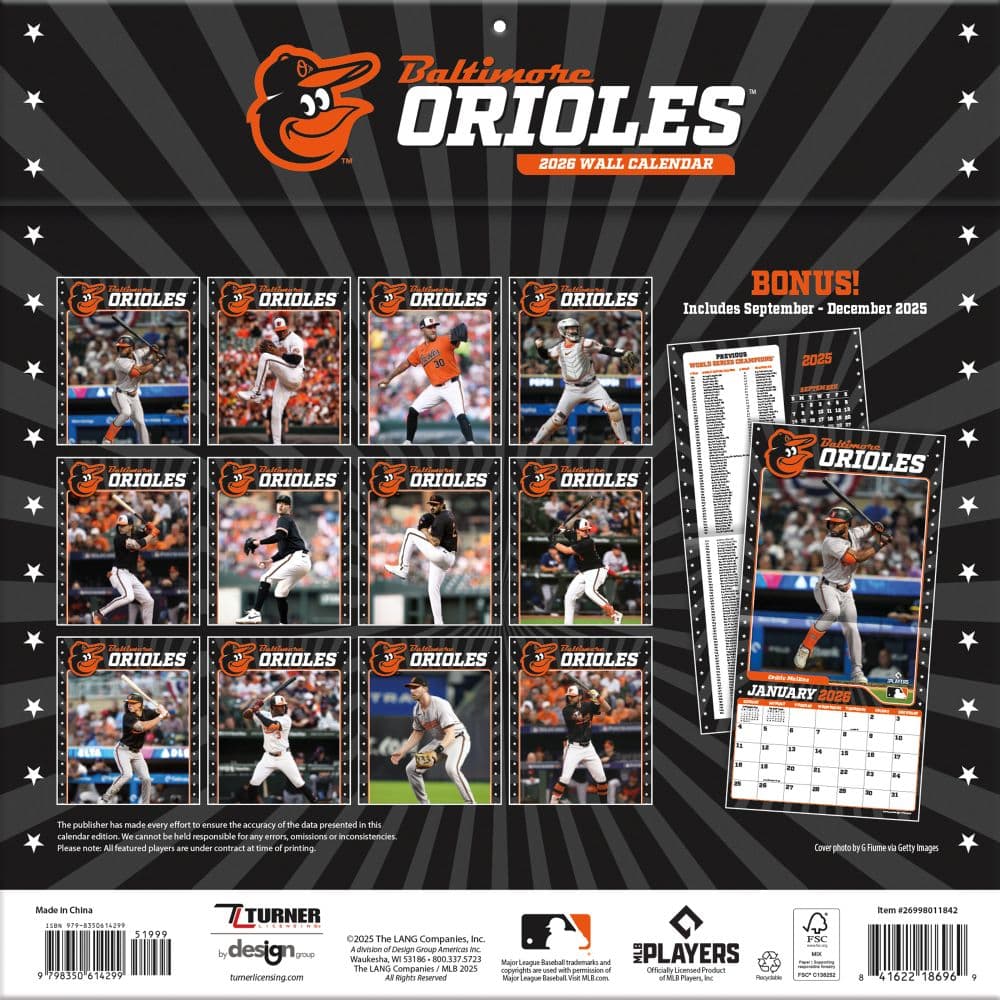 MLB Baltimore Orioles 2026 Wall Calendar First Alternate Image
