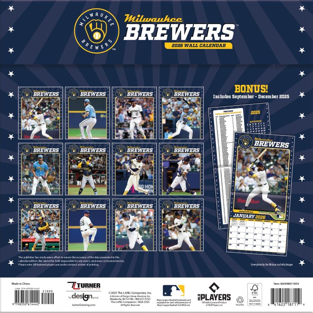 MLB Milwaukee Brewers 2026 Wall Calendar, 12'' X 12'', 12-Month Calendar with Stapled Binding