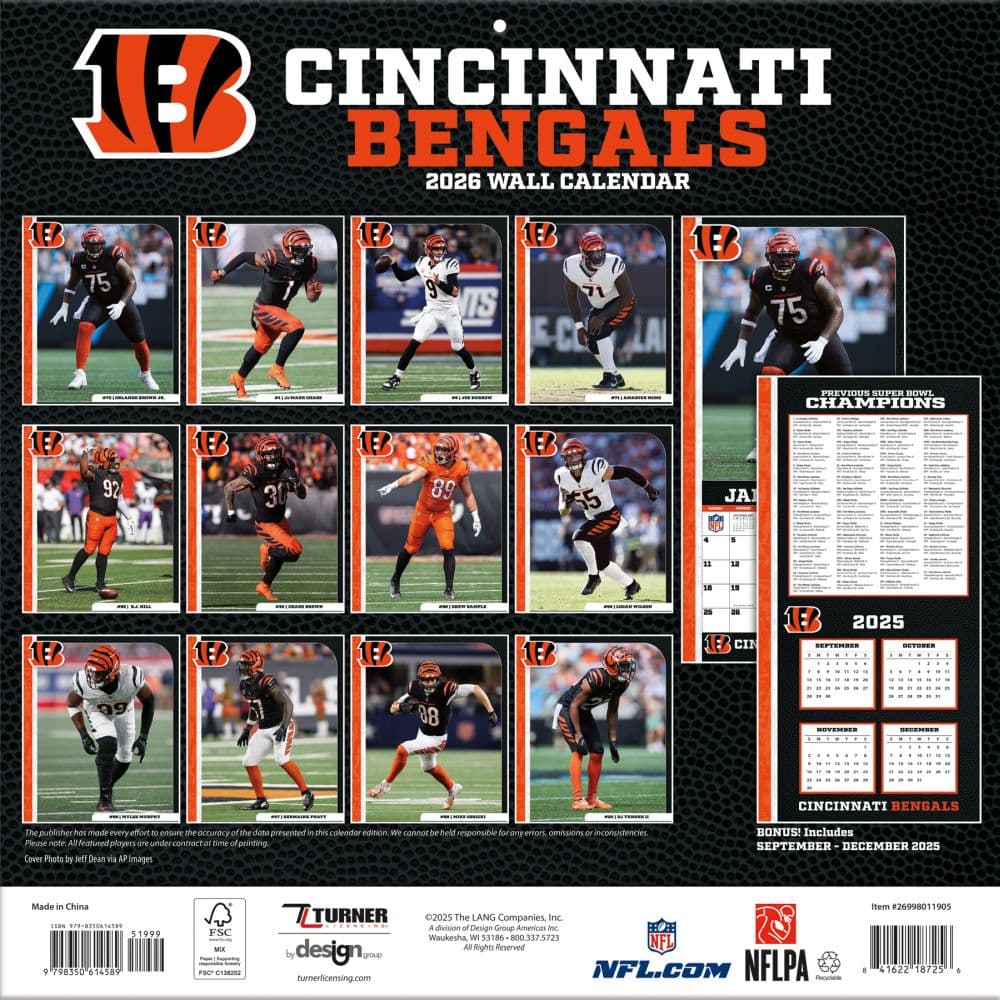 NFL Cincinnati Bengals 2026 Wall Calendar Calendars Com ALT1 