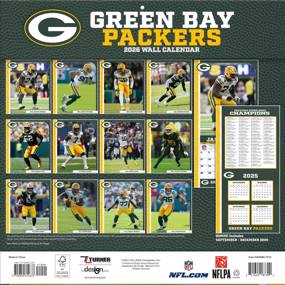 NFL Green Bay Packers 2026 Wall Calendar First Alternate Image