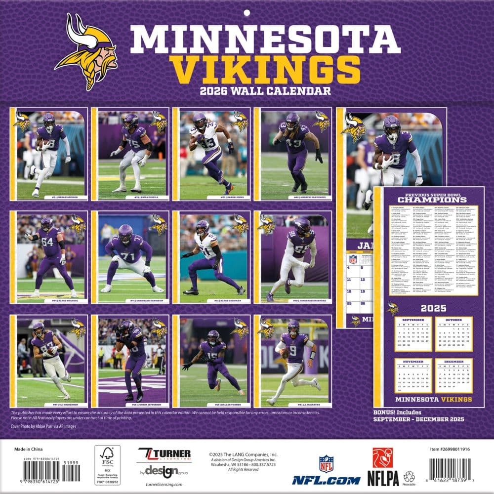 NFL Minnesota Vikings 2026 Wall Calendar Calendars Com ALT1 
