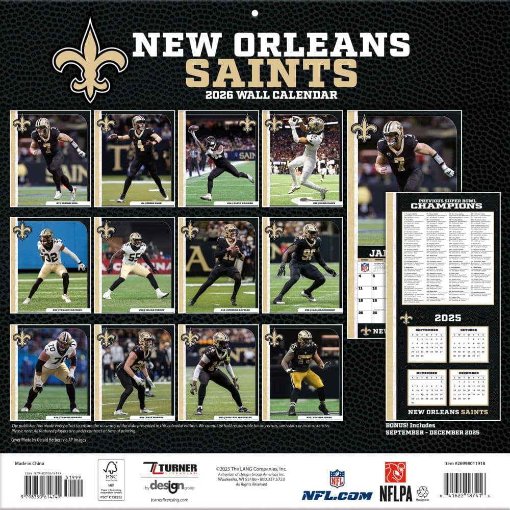 NFL New Orleans Saints 2026 Wall Calendar First Alternate Image