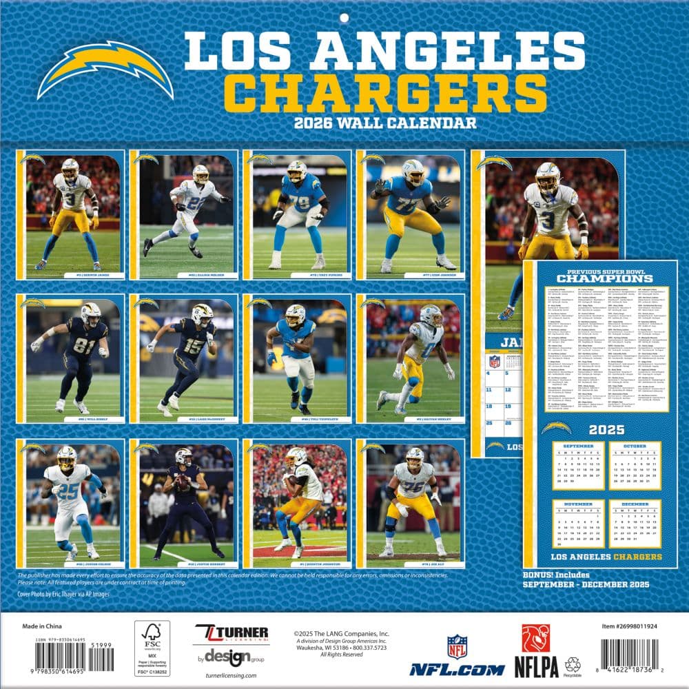 NFL Los Angeles Chargers 2026 Wall Calendar First Alternate Image