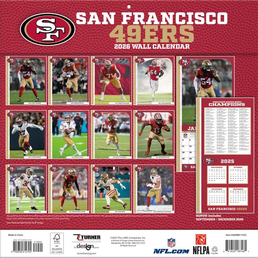 NFL San Francisco 49ers 2026 Wall Calendar, 12'' X 12'', 12-Month Calendar with Stapled Binding