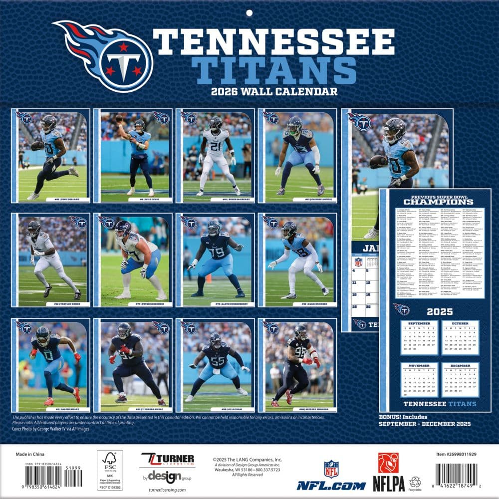 NFL Tennessee Titans 2026 Wall Calendar First Alternate Image