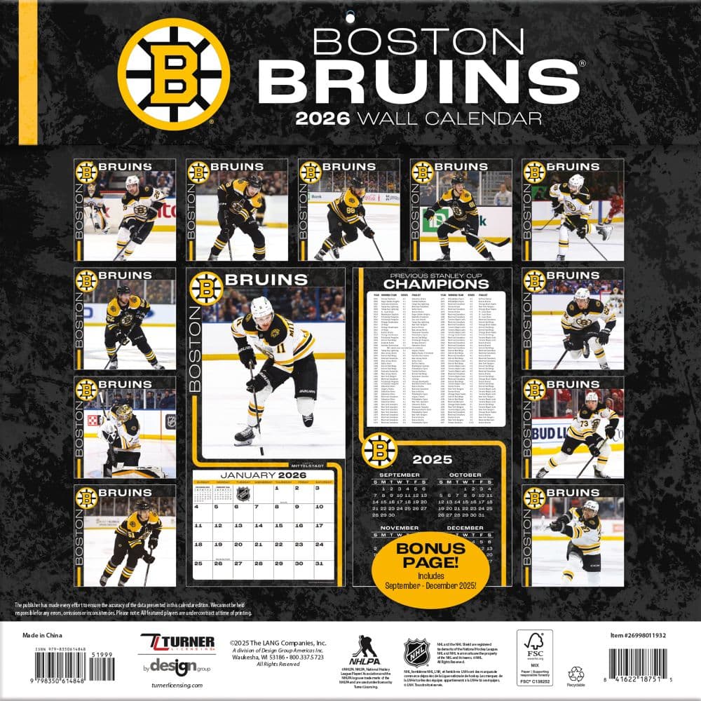 NHL Boston Bruins 2026 Wall Calendar First Alternate Image
