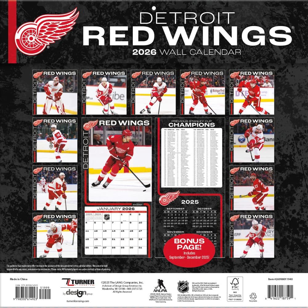 NHL Detroit Red Wings 2026 Wall Calendar, 12'' X 12'', 12-Month Calendar with Stapled Binding