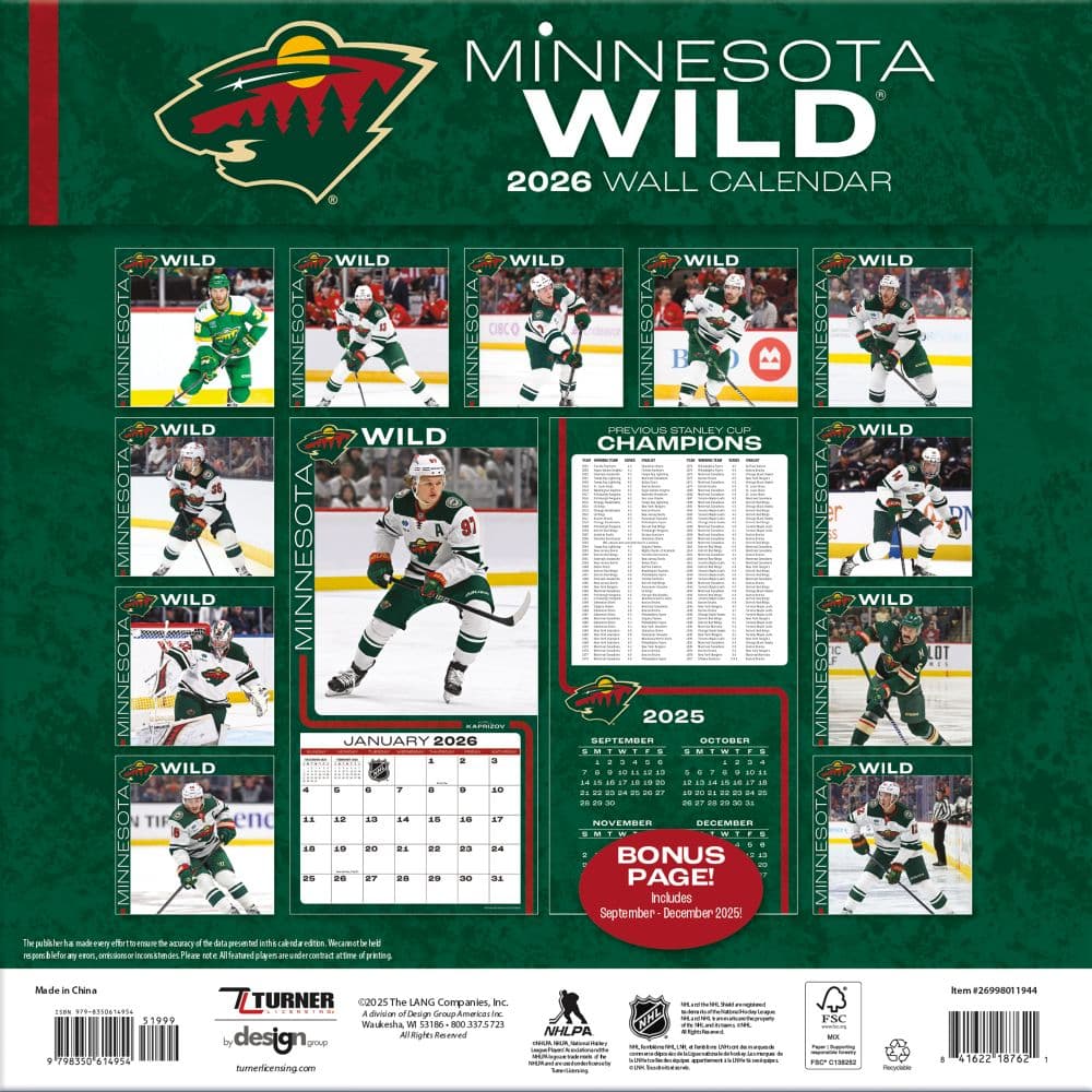 NHL Minnesota Wild 2026 Wall Calendar First Alternate Image