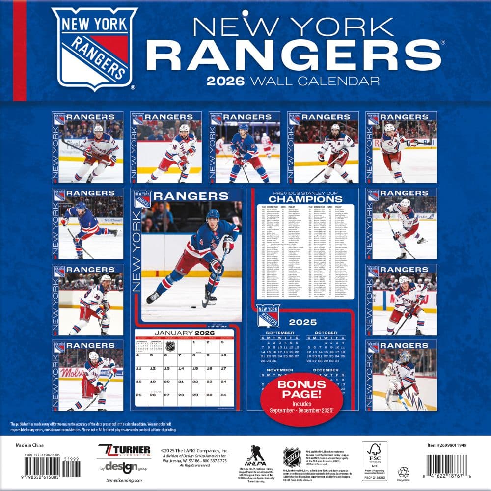 NHL New York Rangers 2026 Wall Calendar First Alternate Image