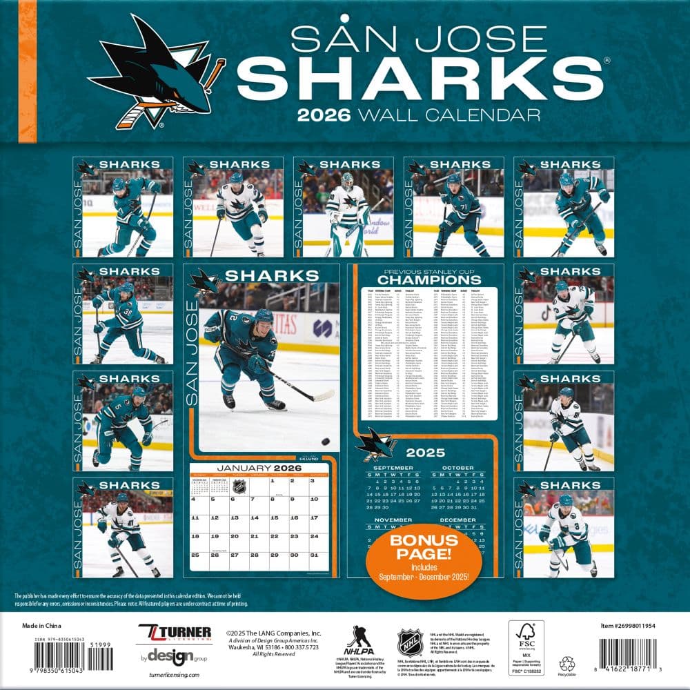 NHL San Jose Sharks 2026 Wall Calendar First Alternate Image