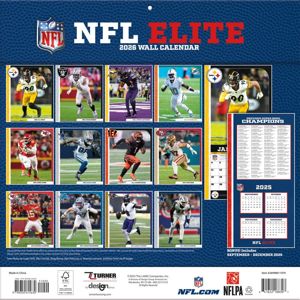 NFL Elite 2026 Wall Calendar, 12'' X 12'', 12-Month Calendar with Stapled Binding