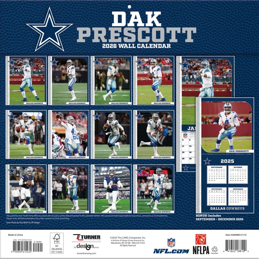 NFL Dak Prescott 2026 Wall Calendar First Alternate Image