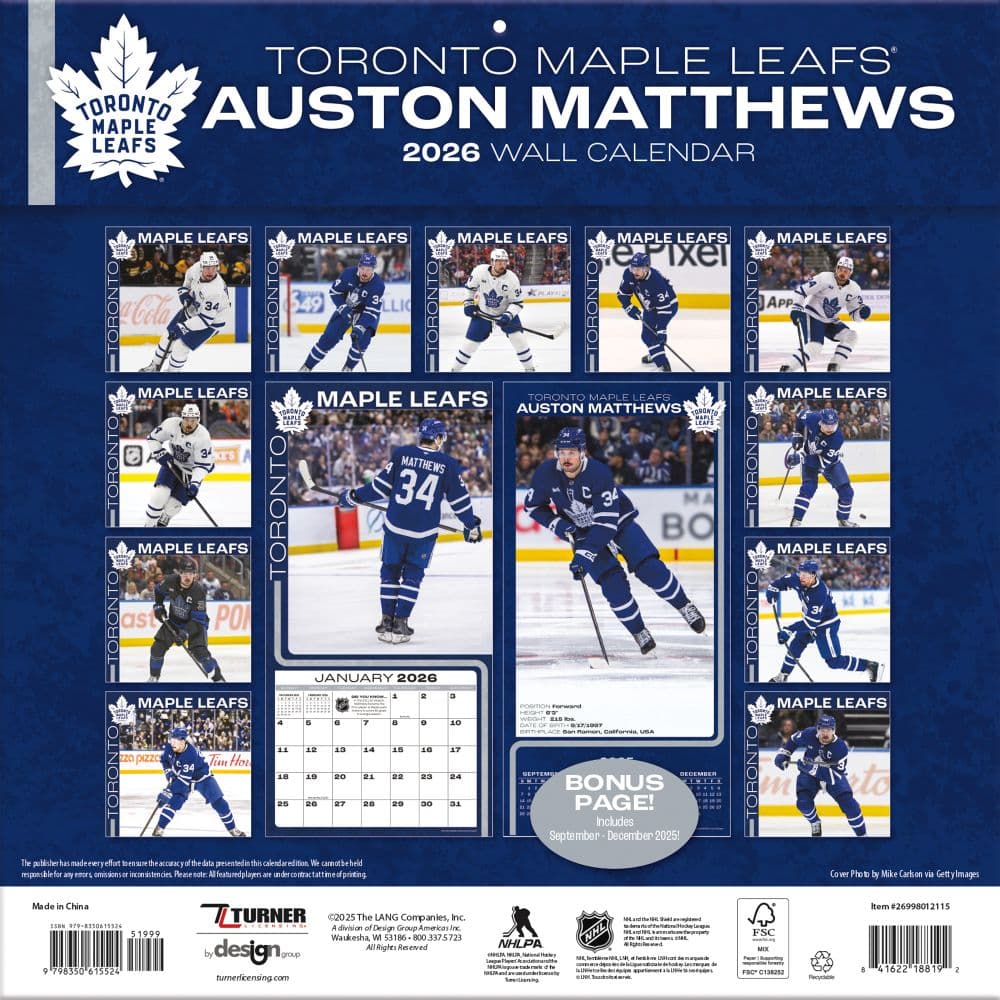 NHL Auston Matthews 2026 Wall Calendar Third Alternate Image