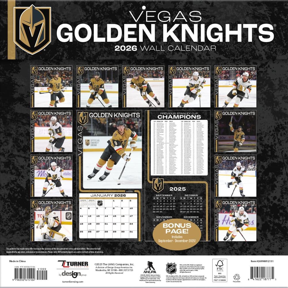 NHL Vegas Golden Knights 2026 Wall Calendar Third Alternate Image