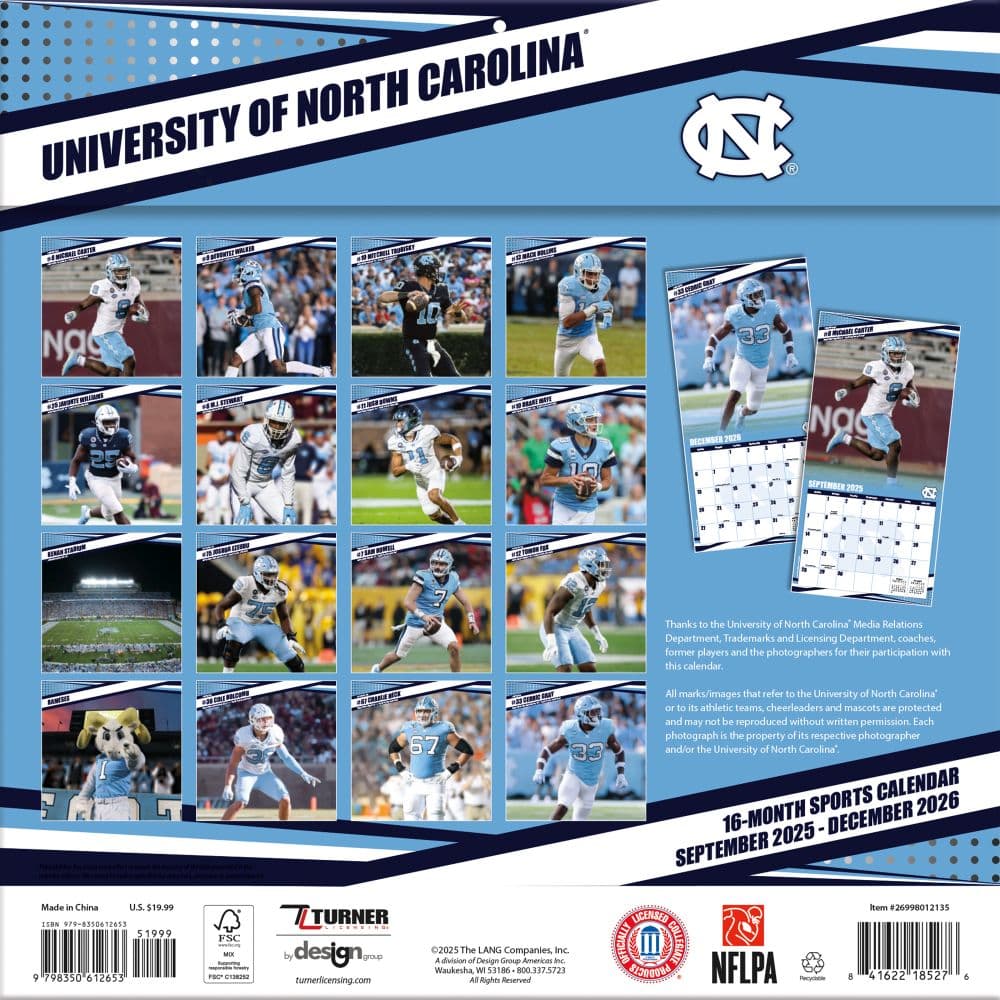 NCAA University of North Carolina Tar Heels 2026 Wall Calendar First Alternate Image