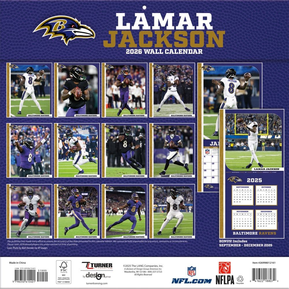 NFL Lamar Jackson 2026 Wall Calendar First Alternate Image