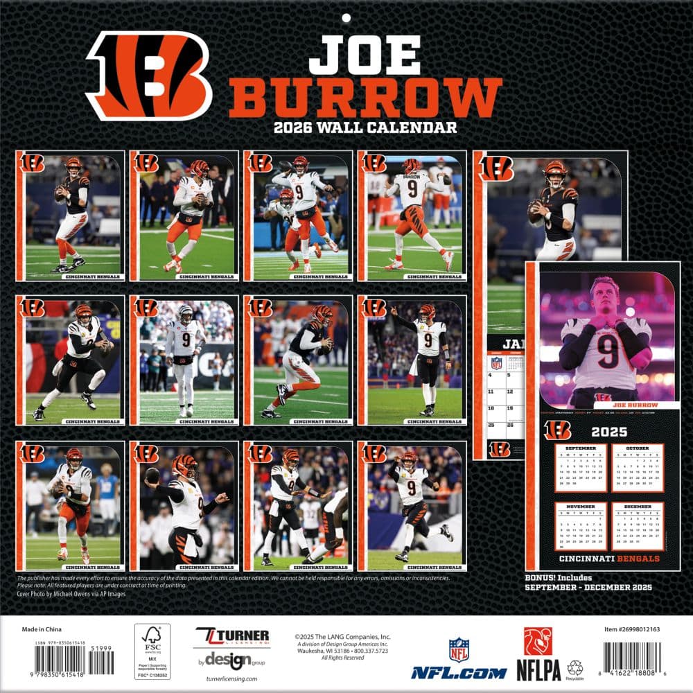 NFL Cincinnati Bengals Joe Burrows 2026 Wall Calendar First Alternate Image
