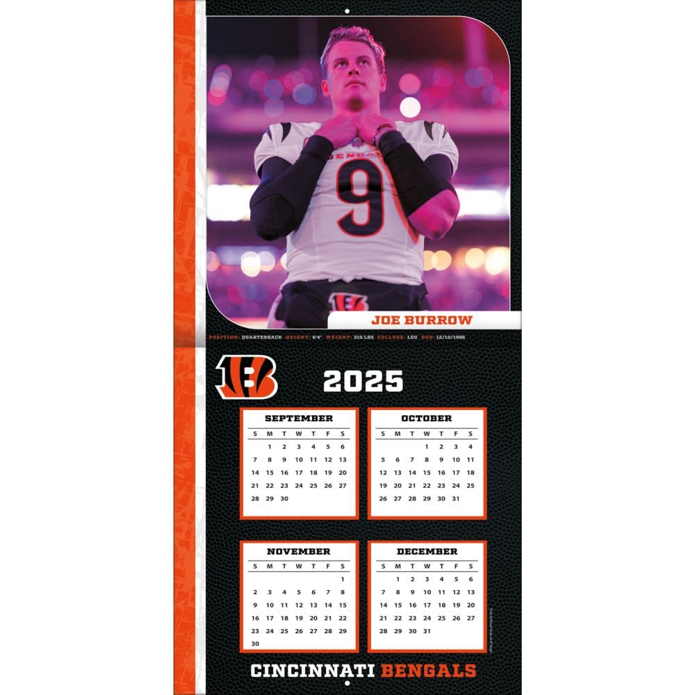 NFL Cincinnati Bengals Joe Burrows 2026 Wall Calendar Second Alternate Image